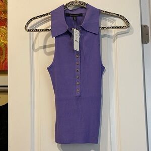 White House Black Market Purple Ribbed Sleeveless Polo Tank with Gold Buttons